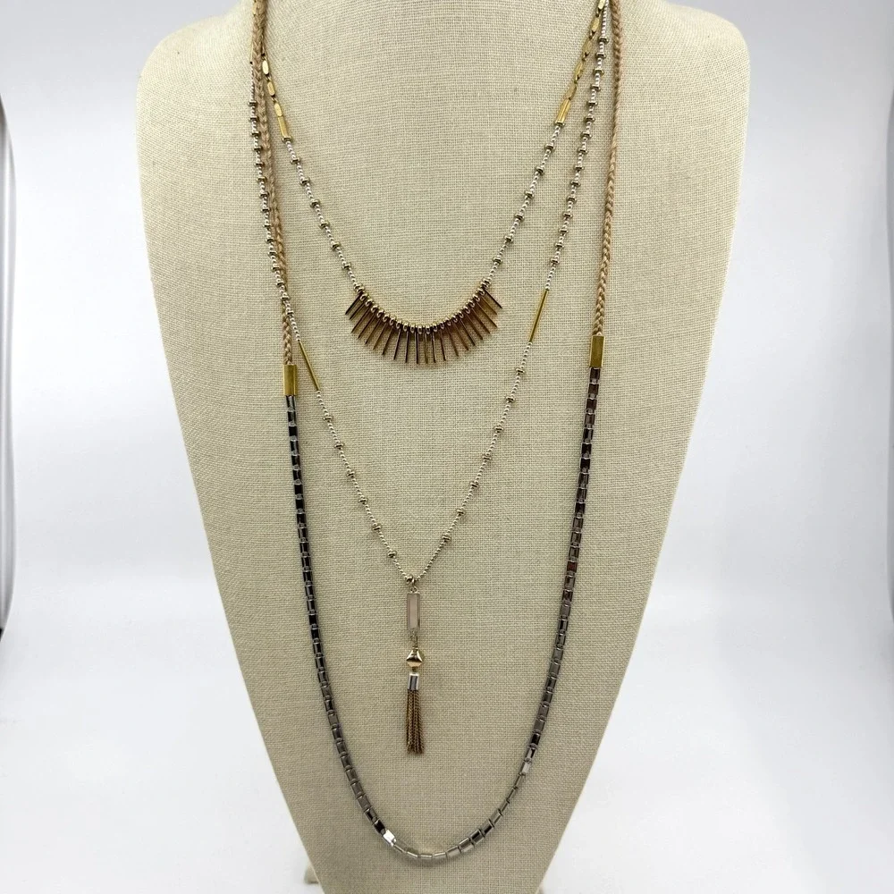 Two Tone Multi Strand Tassel Fringe Necklace Gold & Silver Tone Boho Statement